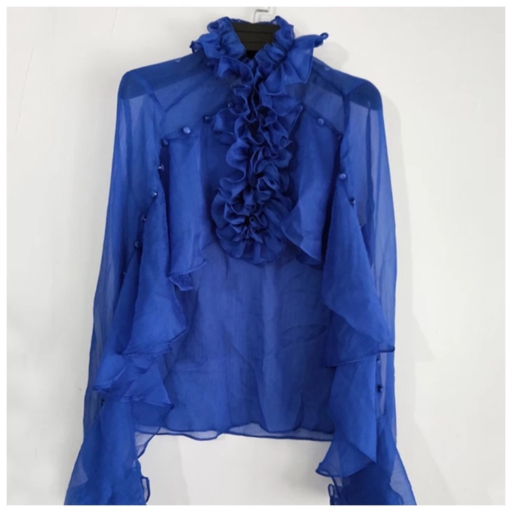 Gorgeous Blue & Black Ruffle Sheer Top - Picture 4 of 8